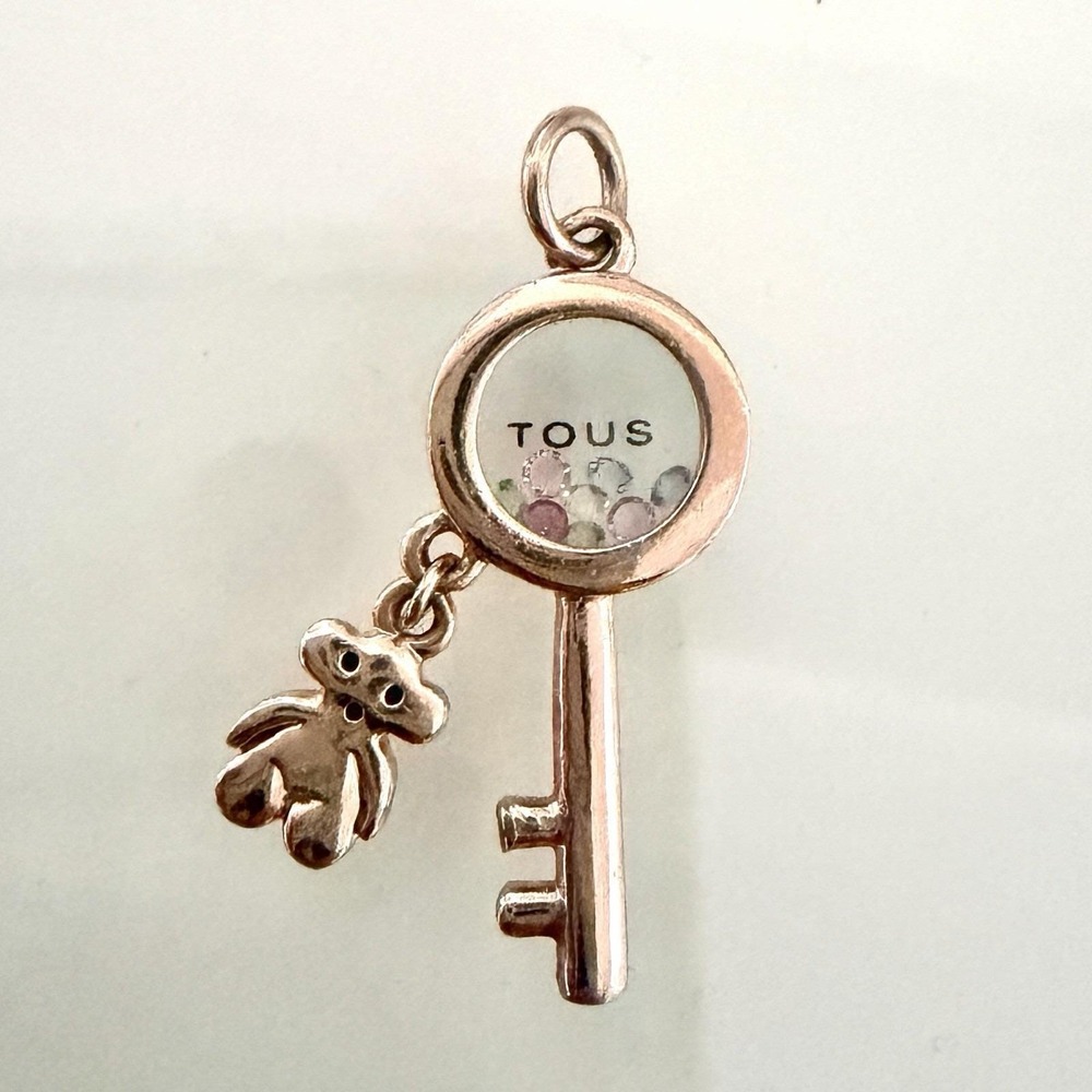 Vintage TOUS Rose Gold Pleated Floating Locket Key Pendant With Teddy Bear